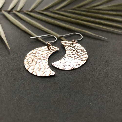 Hammered bronze moon earrings on sterling earwires by Red Door Metalworks