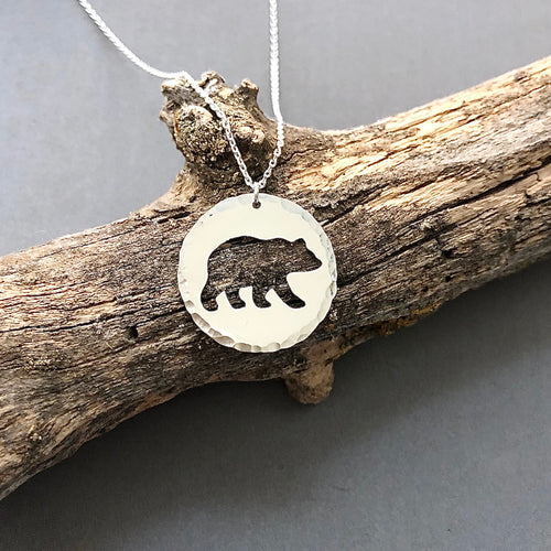 Bear image cutout in sterling silver disc necklace by Red Door Metalworks 