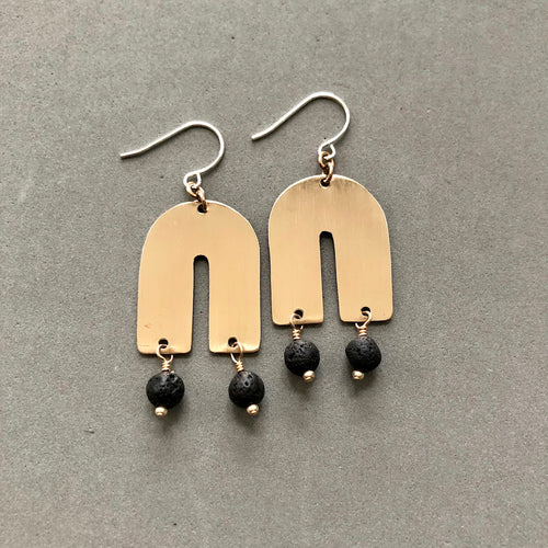 Bronze arch with black lava dangles earrings by Red Door Metalworks 