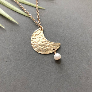 Hammered bronze moon with freshwater pearl necklace by Red Door Metalworks