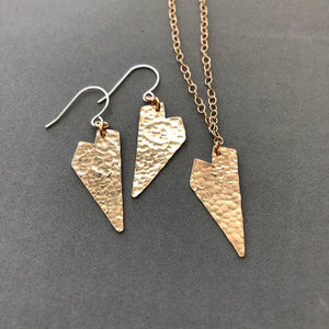 Textured geometric heart earrings and necklace by Red Door Metalworks 