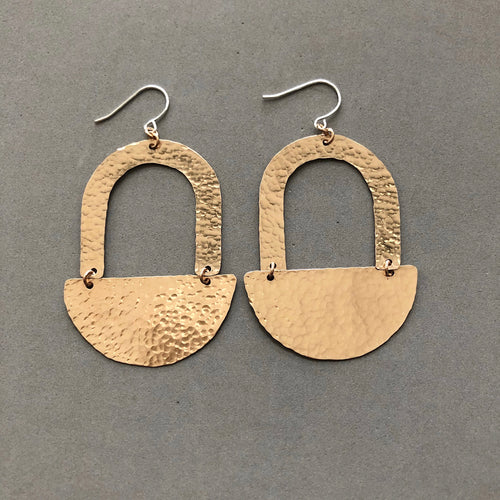 Hammered bronze arch over hammered half circle earrings by Red Door Metalworks 