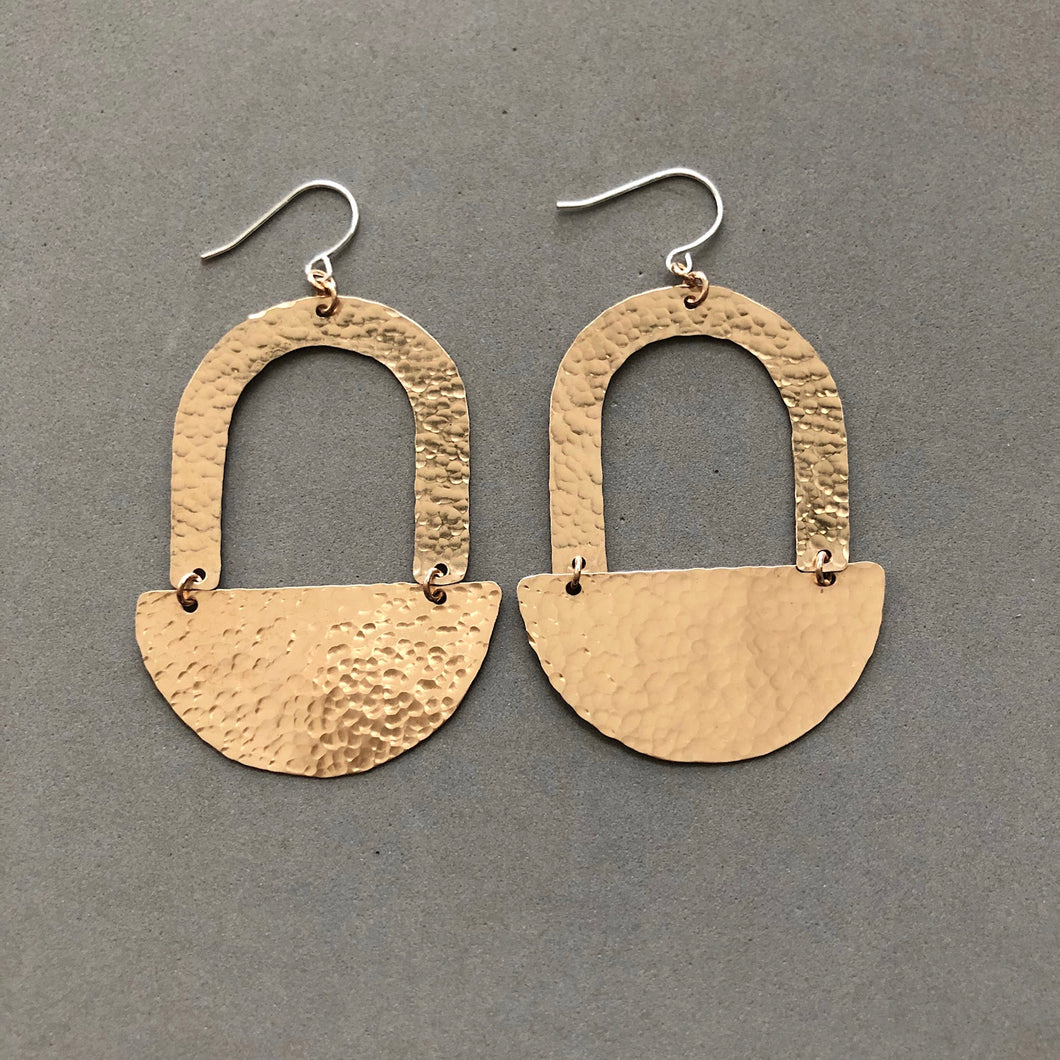 Hammered bronze arch over hammered half circle earrings by Red Door Metalworks 